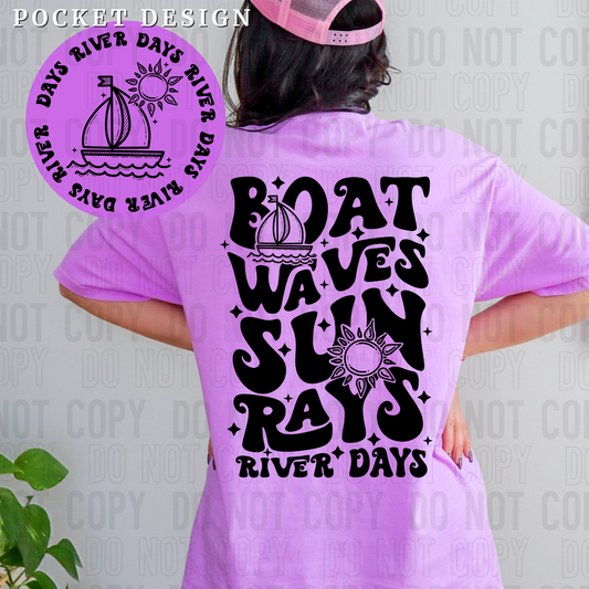 Boat waves sun rays river days-black (front)