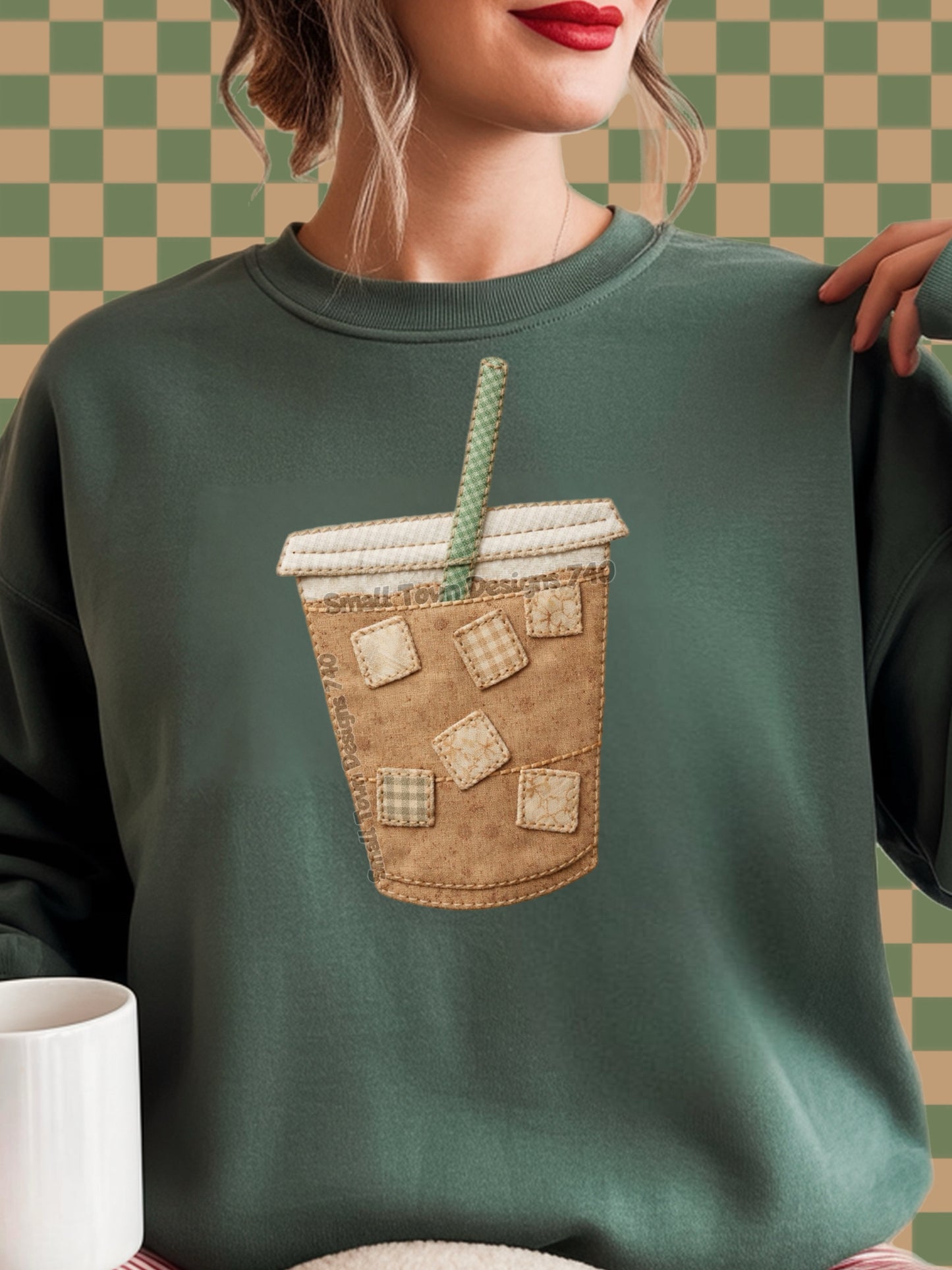 Patchwork Iced Coffee Cup – Vintage Stitch DTF Transfer