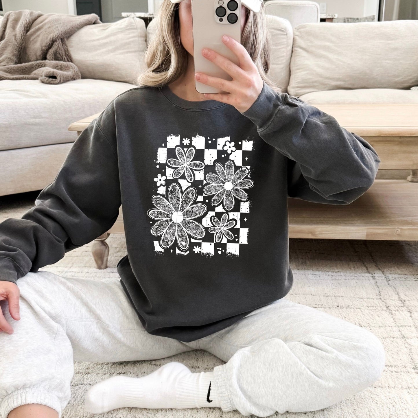 Floral Checkerboard Retro DTF Transfer (white)