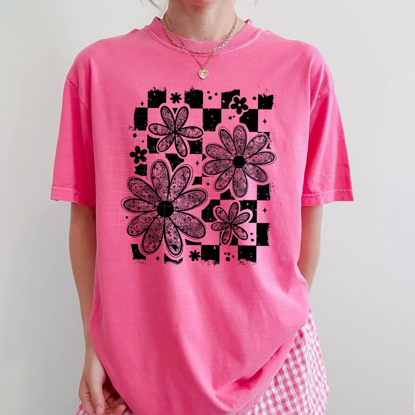 Floral Checkerboard Retro DTF Transfer (black)