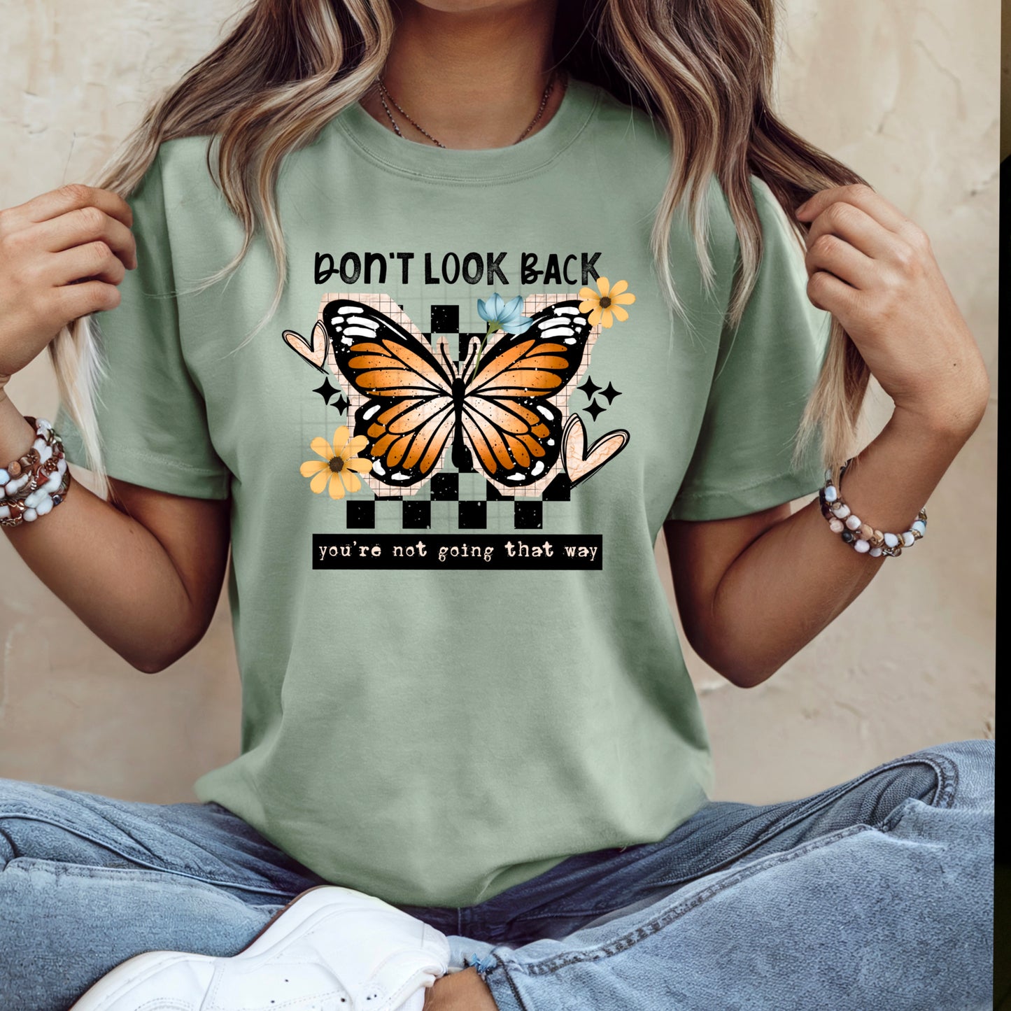 Don’t Look Back Butterfly Checkerboard DTF Transfer (black)