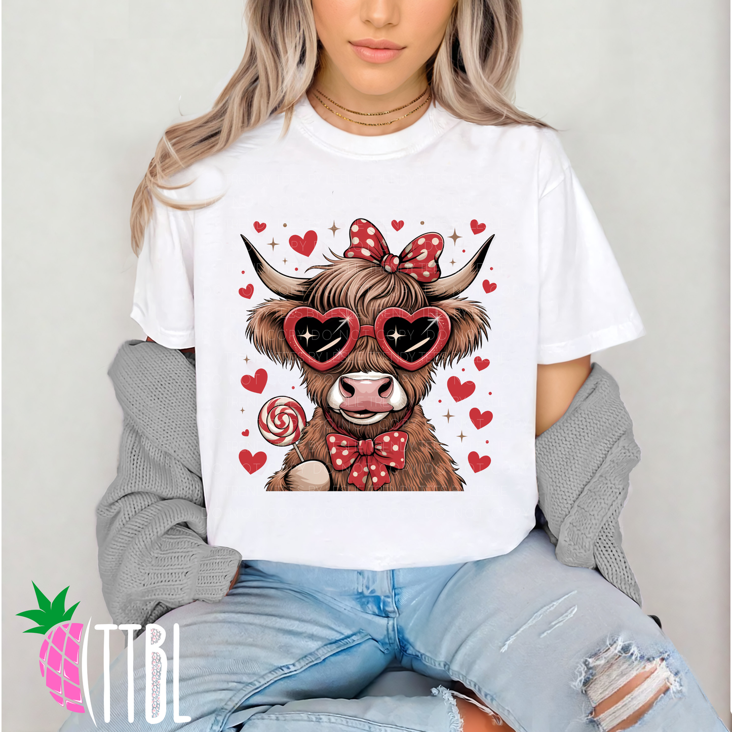 Valentine Highland Cow with Red Bow Heart Glasses DTF Transfer