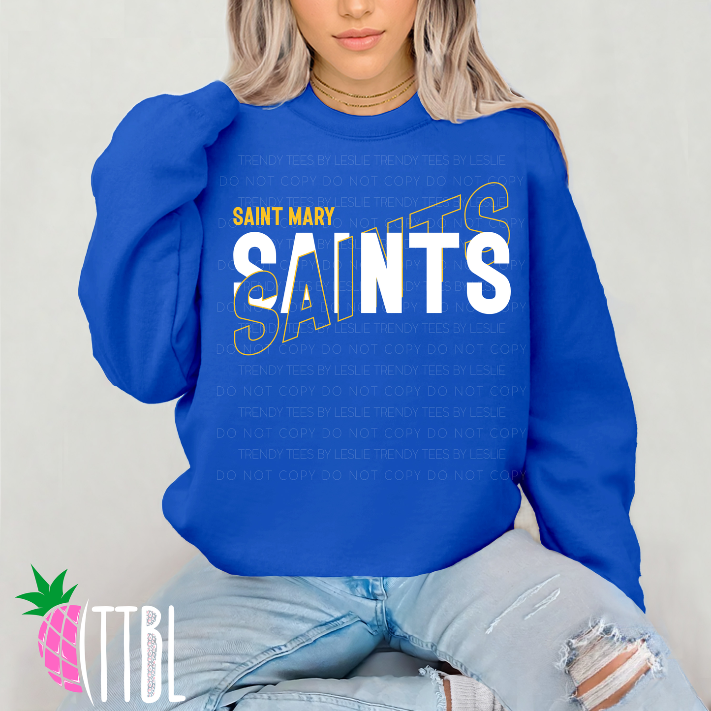 Saint Mary Saints DTF Transfer – White & Gold Block Design