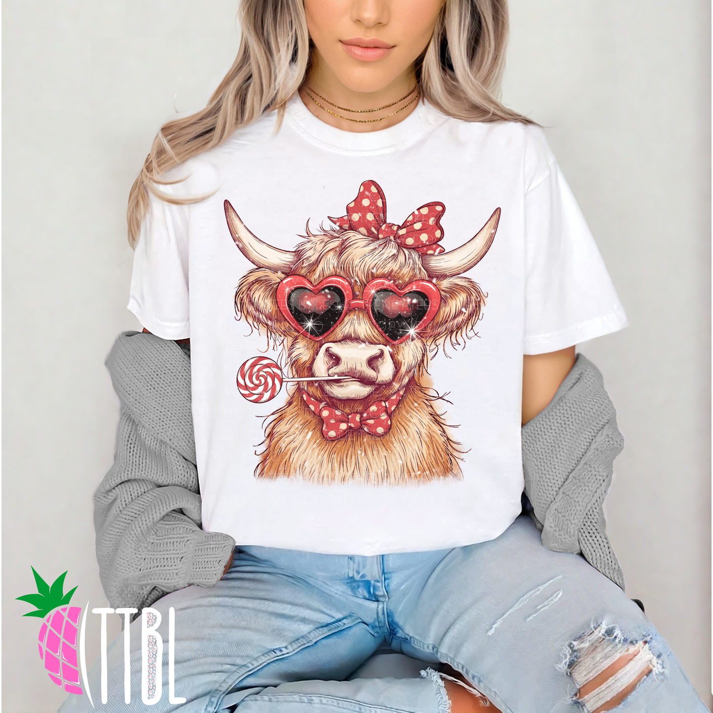 Valentine Highland Cow with Heart Sunglasses and Lollipop DTF Transfer
