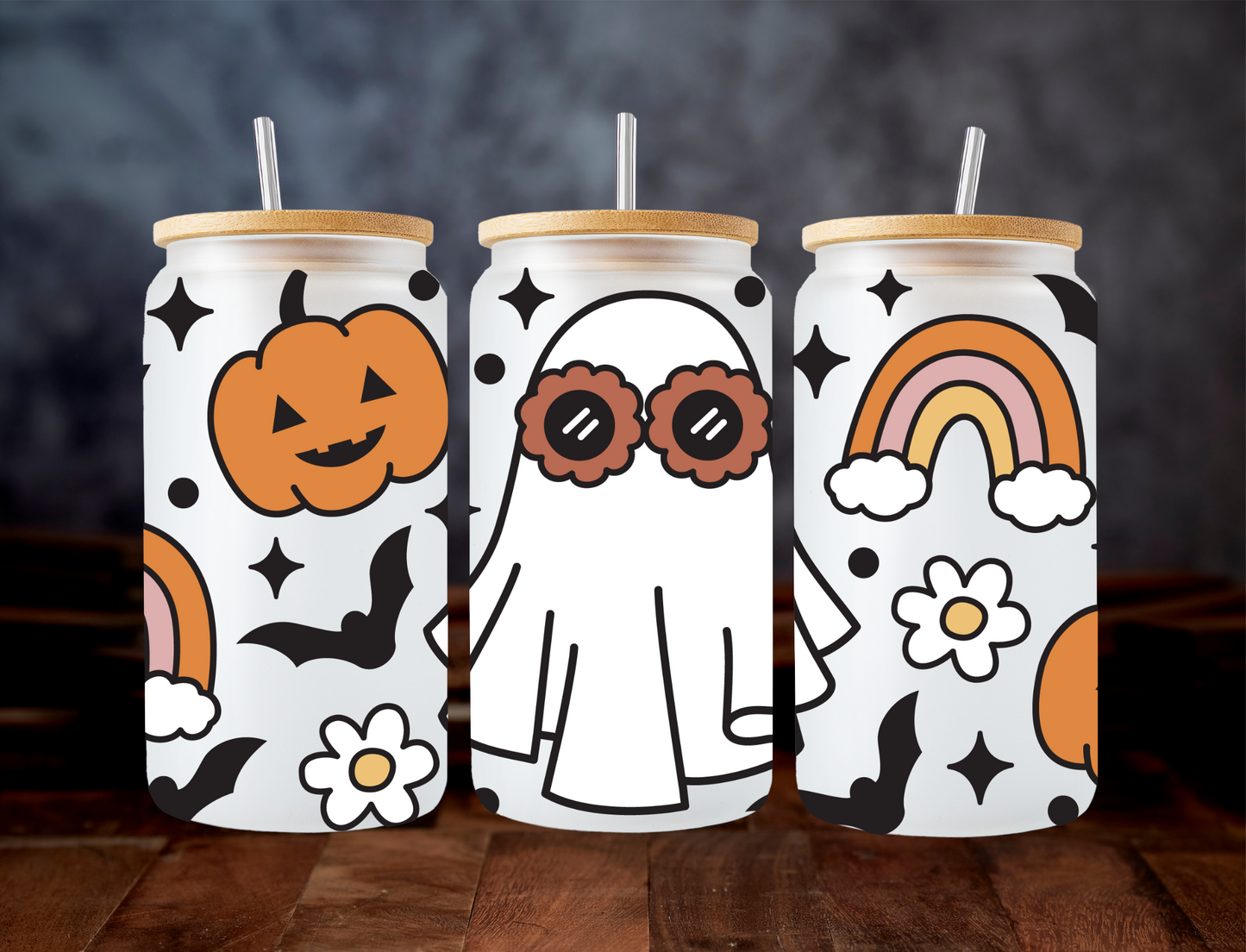 Ghost wearing glasses with black sparkle - UV Libby Wrap