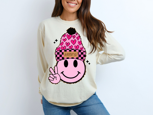 Pink Smiley w/Hearts Beanie