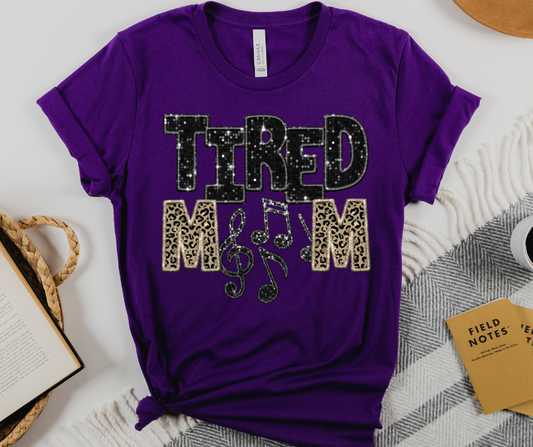 Leopard Faux Embroidery & Glitter Tired Mom - Band