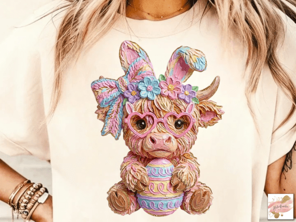 Easter Highland Cow Floral Bunny Ears DTF Transfer