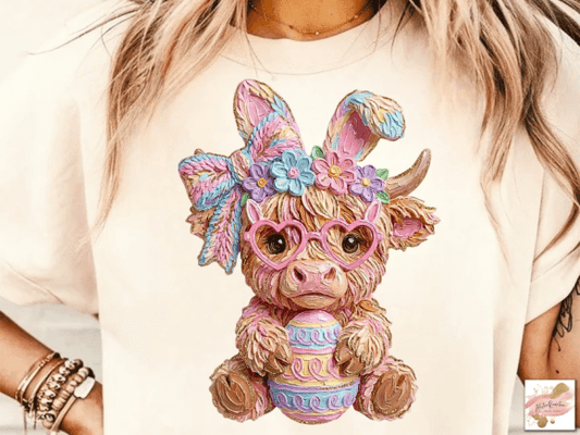 Easter Highland Cow Floral Bunny Ears DTF Transfer