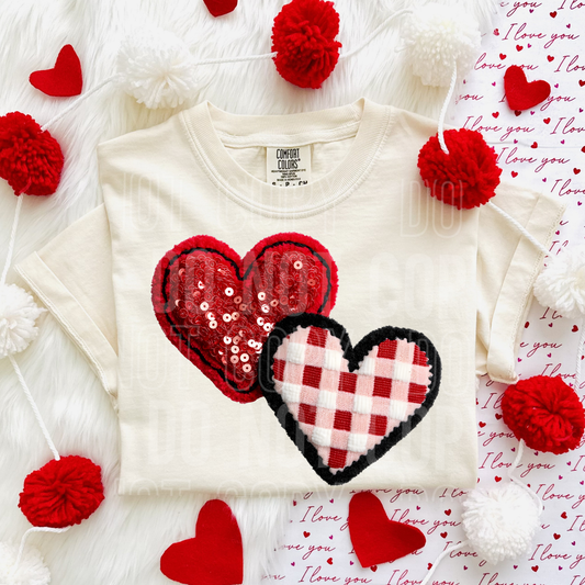 Double Hearts Faux Yarn & Sequin Valentine DTF Transfer