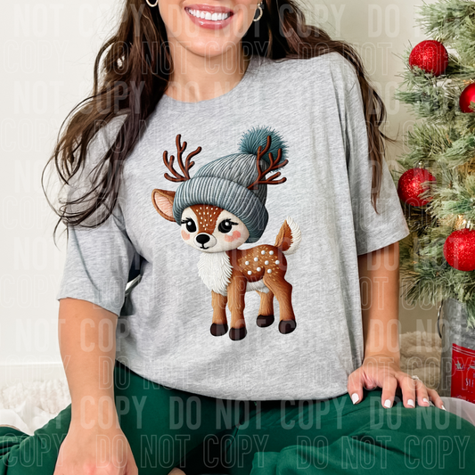 Faux embroidery reindeer w/hat