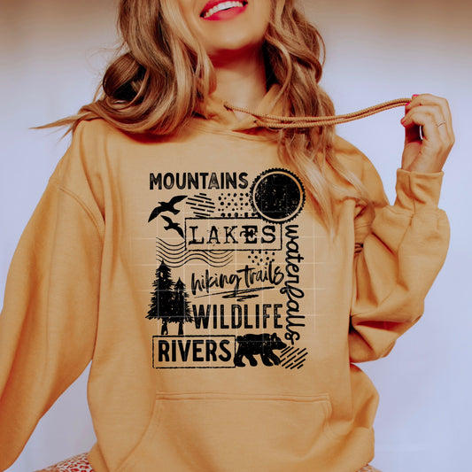 Outdoorsy Mountains Lakes Rivers DTF Transfer (black)