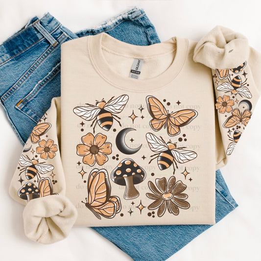 Bees, butterfly, mushrooms and flower collage (front)