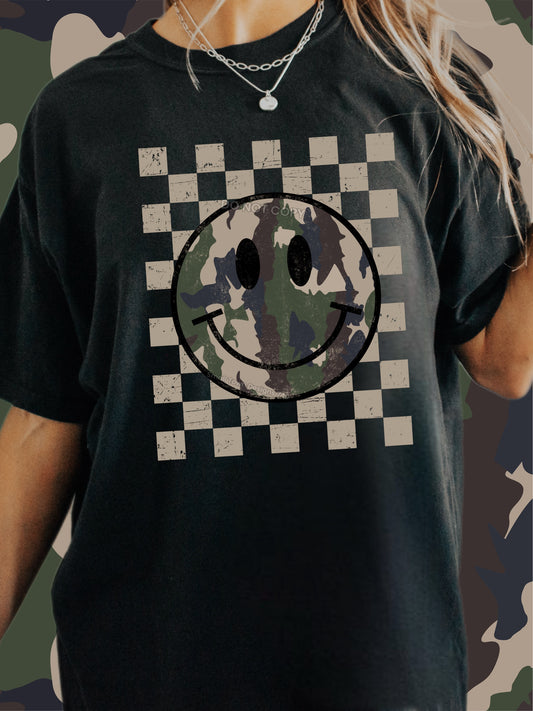 Camo Smiley Checkered DTF Transfer