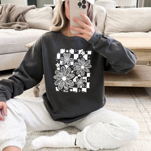 Floral Checkerboard Retro DTF Transfer (white)