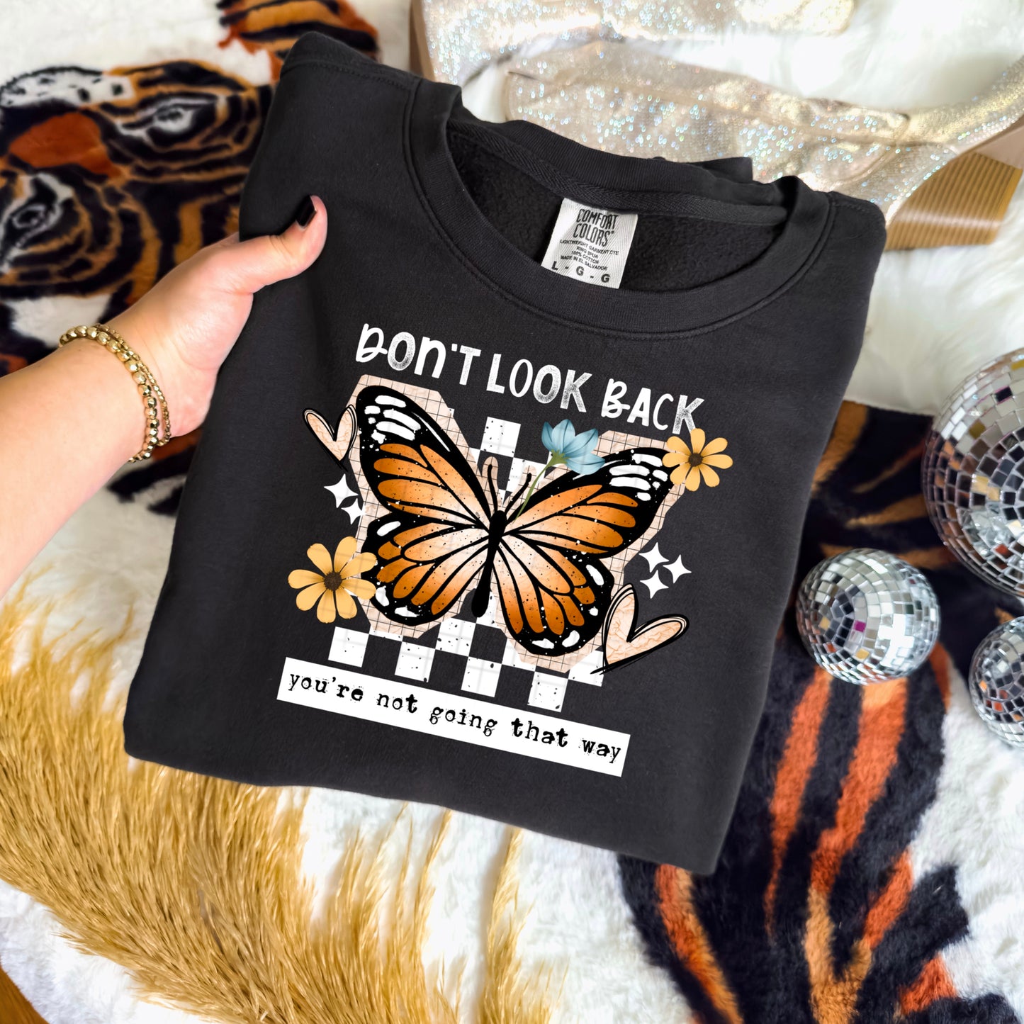 Don’t Look Back Butterfly Checkerboard DTF Transfer (white)
