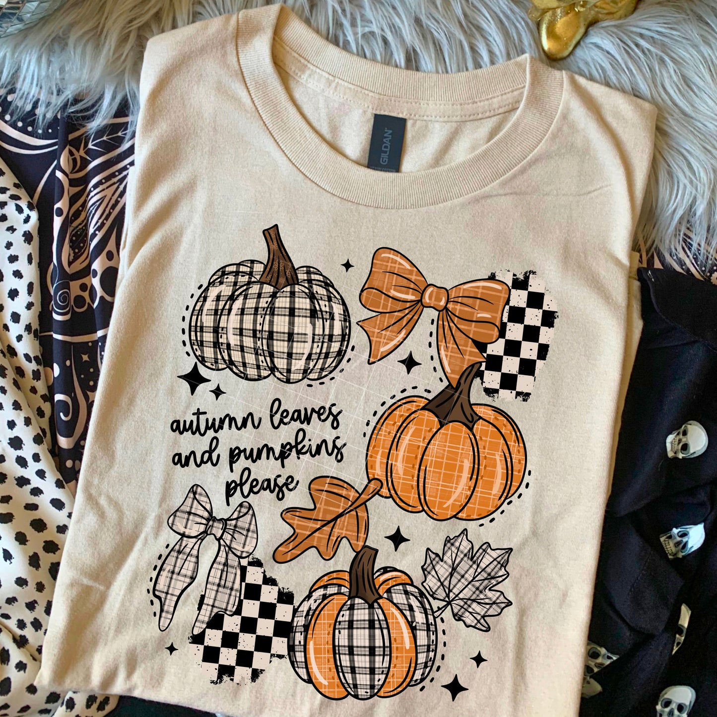 Autumn leaves and pumpkins please (front)