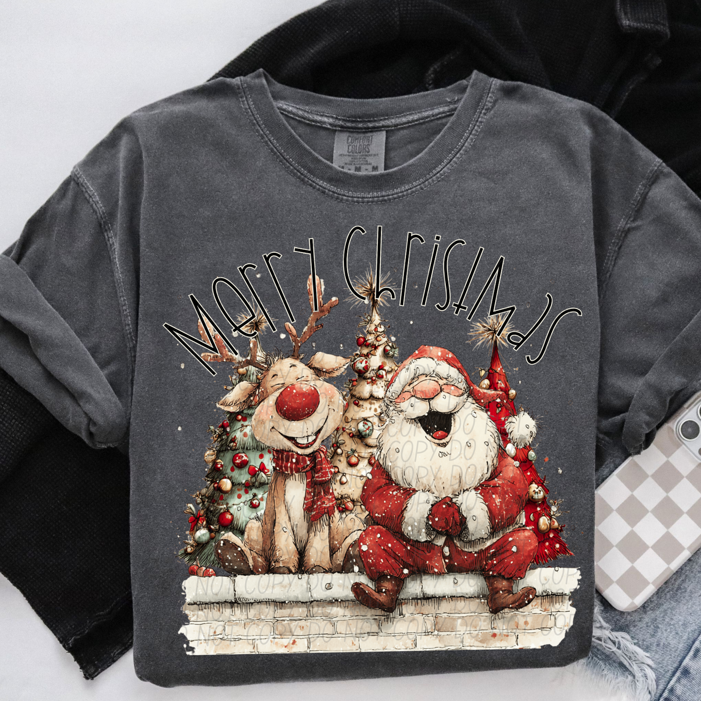 Merry Christmas Santa & Reindeer (black)