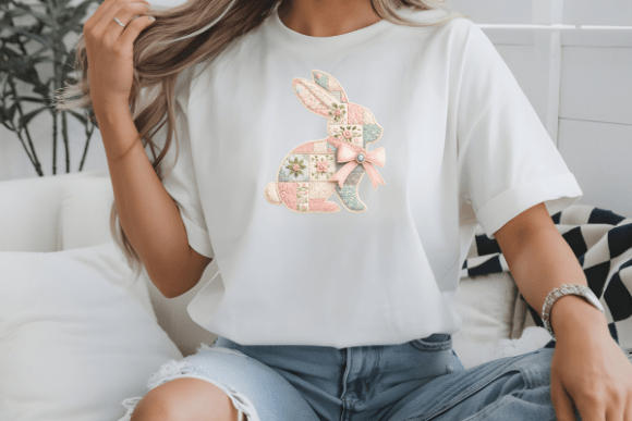 Patchwork Easter Bunny with Bow DTF Transfer