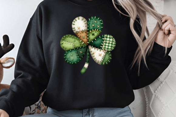 Patchwork Shamrock DTF Transfer – Green Stitch Style