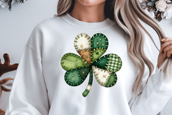 Patchwork Shamrock DTF Transfer – Green Stitch Style