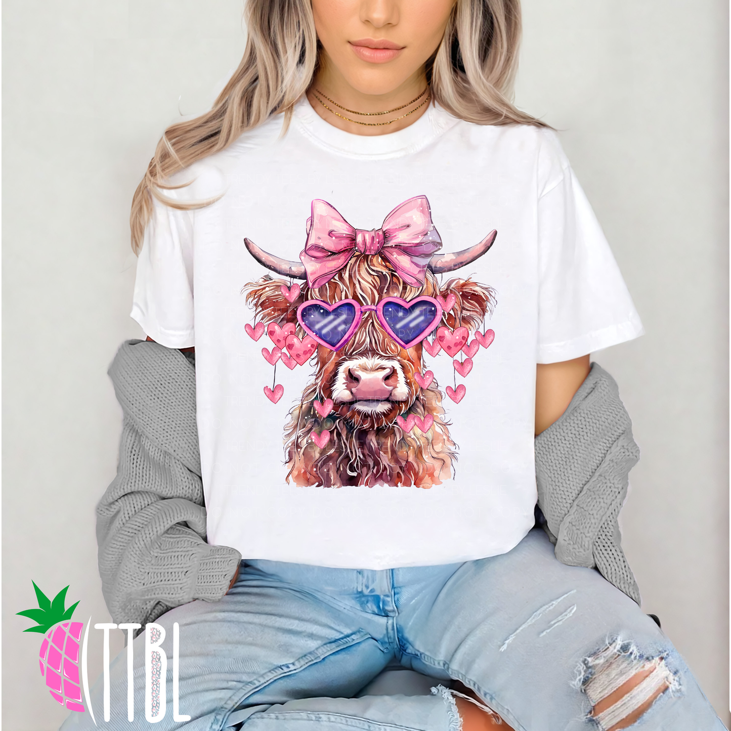 Valentine Highland Cow with Pink Bow Heart Sunglasses DTF Transfer