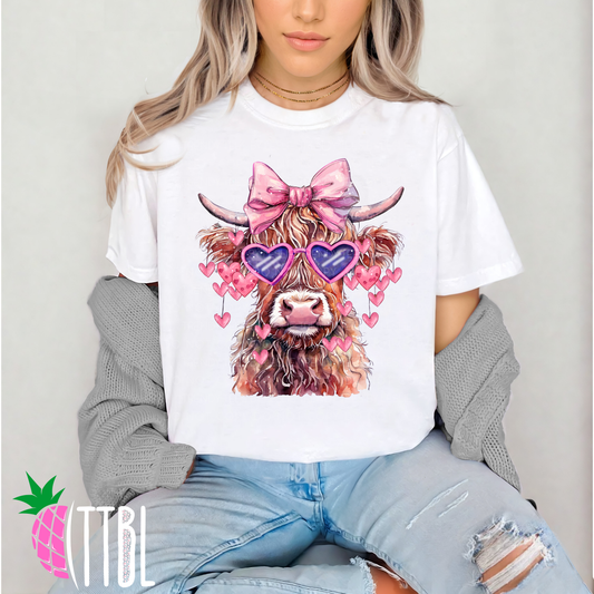 Valentine Highland Cow with Pink Bow Heart Sunglasses DTF Transfer