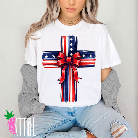Patriotic Cross with Bow DTF Transfer