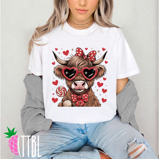 Valentine Highland Cow with Red Bow Heart Glasses DTF Transfer