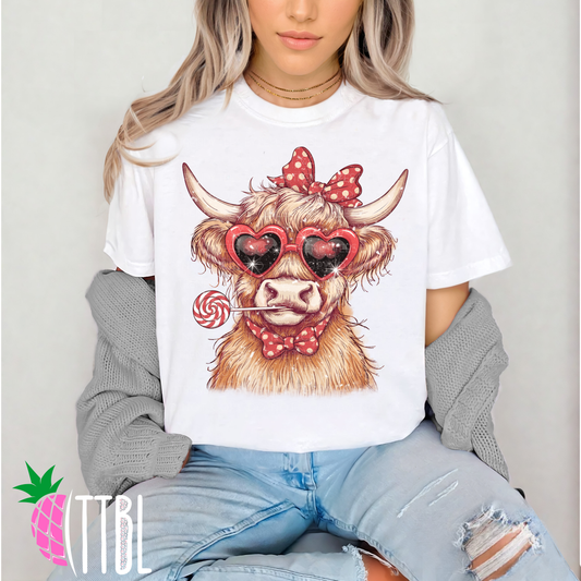Valentine Highland Cow with Heart Sunglasses and Lollipop DTF Transfer