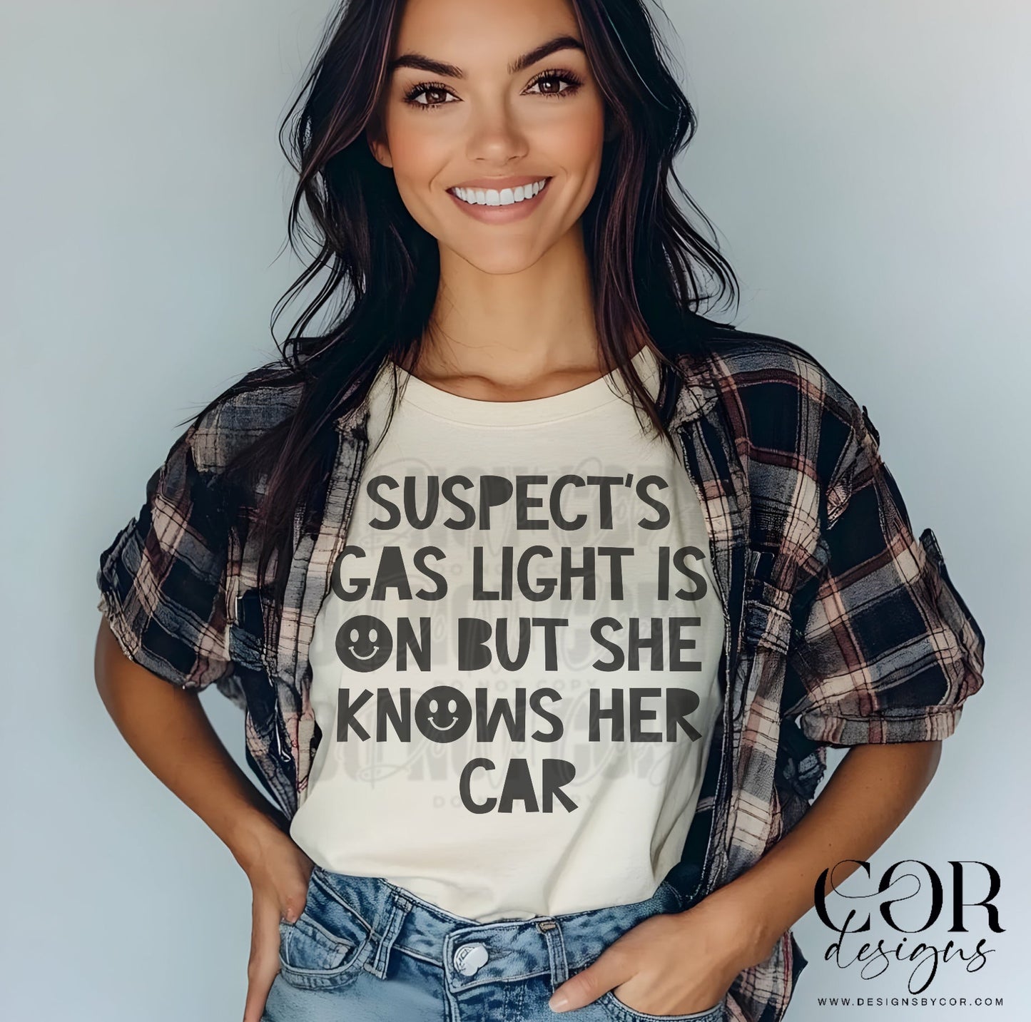 Suspect's gas light is on but she knows her car