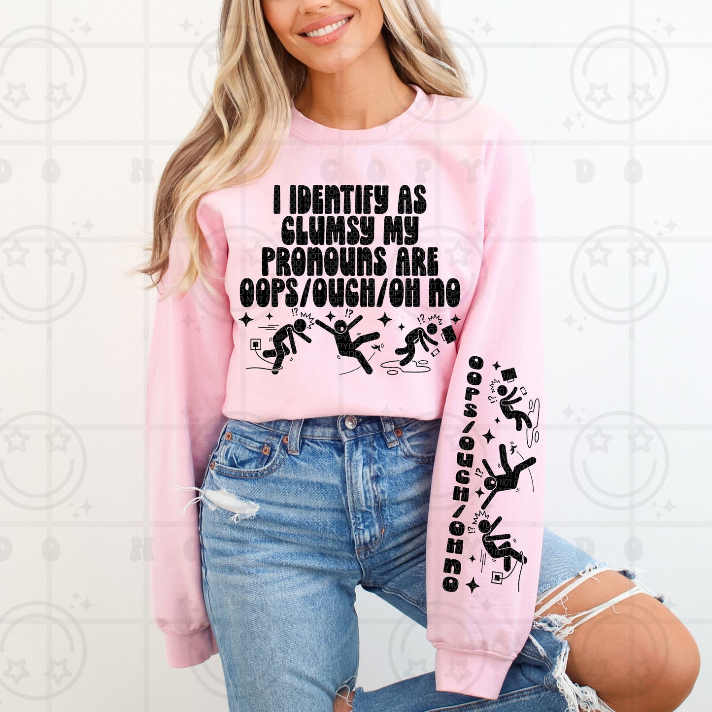 I identify as clumsy my pronouns are oops/ouch/oh no *sleeve)