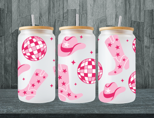 Pink disco ball, cowboy hat and boots - UV Libby Wrap