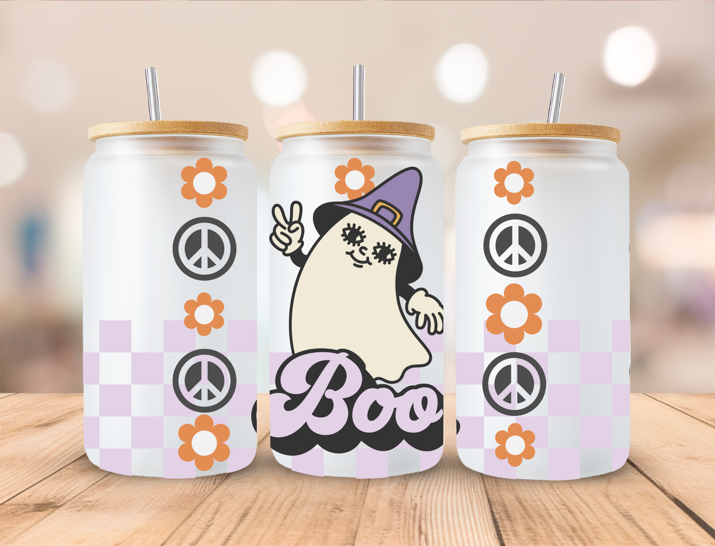 Ghost with peace signs, purple checkered - UV Libby Wrap