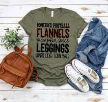 Load image into Gallery viewer, Bonfires Football Flannels Pumpkin Spice Leggings Apple Cider Corn Maze
